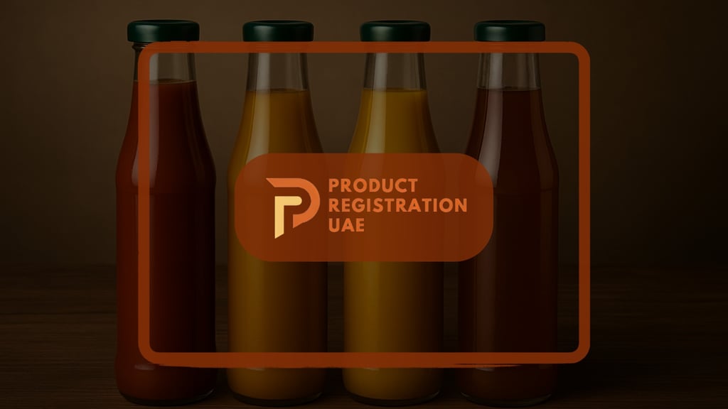 beverage items on a wooden table with the Product Registration UAE logo overlay in orange tones.