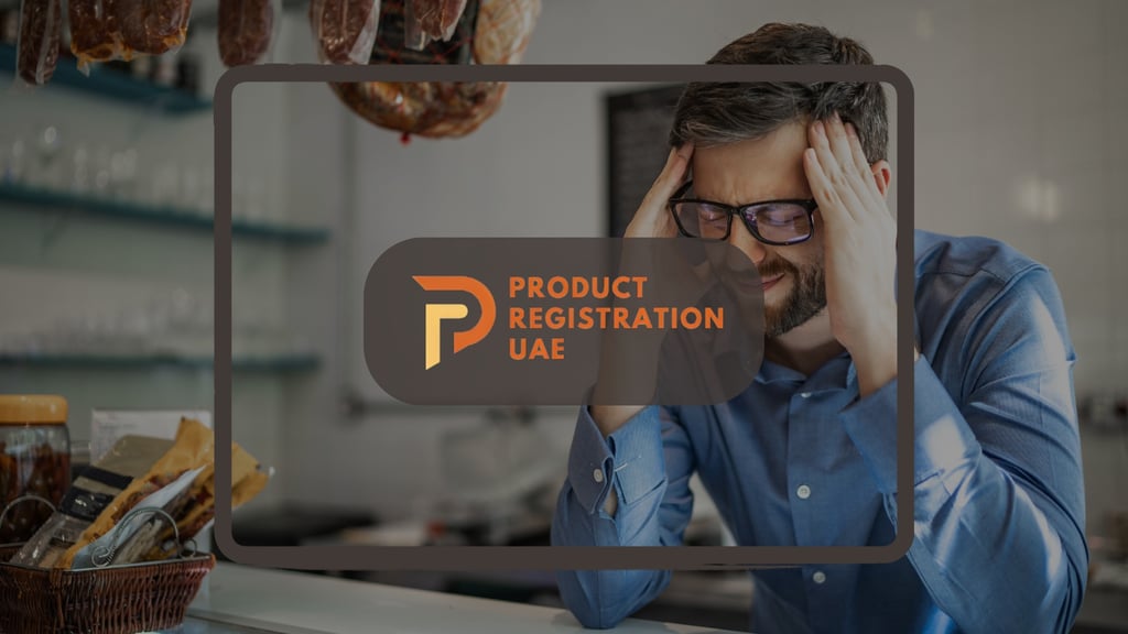Frustrated business owner, symbolizing product registration rejection in UAE, with Product Registration UAE logo.