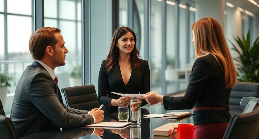 a woman in a business suit with a man in a suit