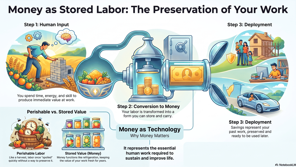 Infographic explaining money as stored labor and value through conversion and deployment steps.