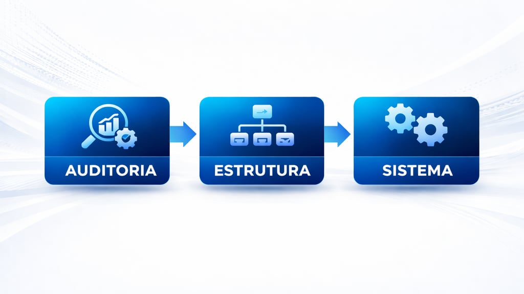 Diagrama que mostra o fluxo de negócios, da auditoria à estrutura e ao sistema, em botões azuis.