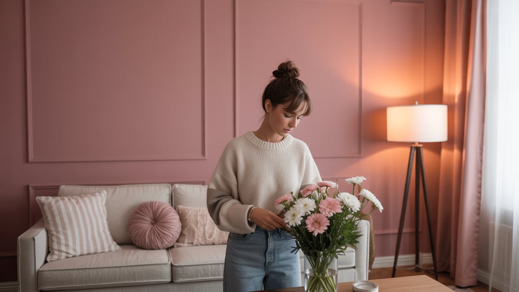 a woman standing in front of a couch with flowers