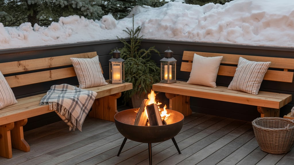a fire pit with benches and benches in the snow