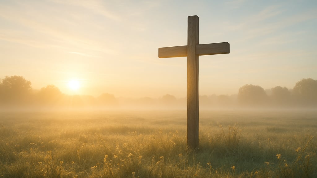Cruz iluminada pela luz do amanhecer em um campo sereno, simbolizando o amor puro e redentor de Cris