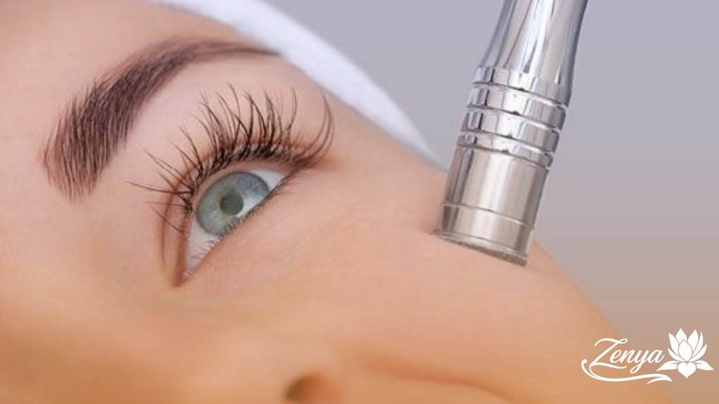 Primer plano de punta de diamante realizando microdermoabrasión en la zona facial cerca del ojo.