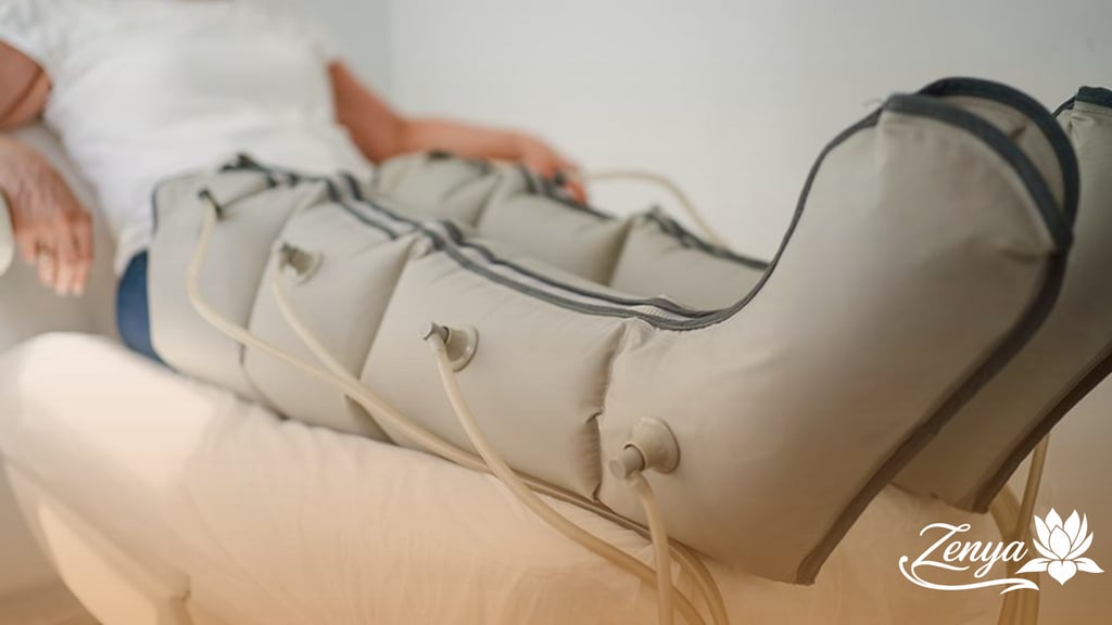 Piernas con botas de presoterapia infladas para tratamiento de circulación y celulitis.