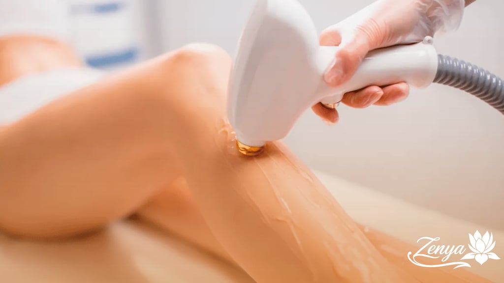 Cabezal de máquina de depilación láser diodo aplicándose sobre la pierna para eliminación de vello.