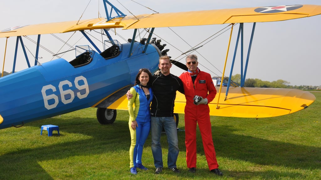 vintage Boeing Stearman biplane used for wing walking, Damyns Hall Aerodrome, London, United Kingdom