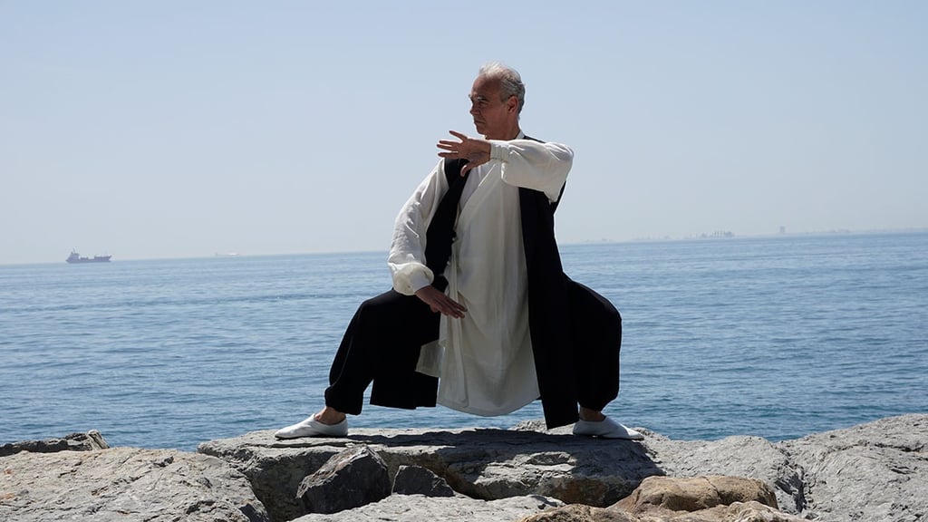Esat Ataç holding a Tai Ji posture on seaside rocks, wearing traditional Wudang clothing.