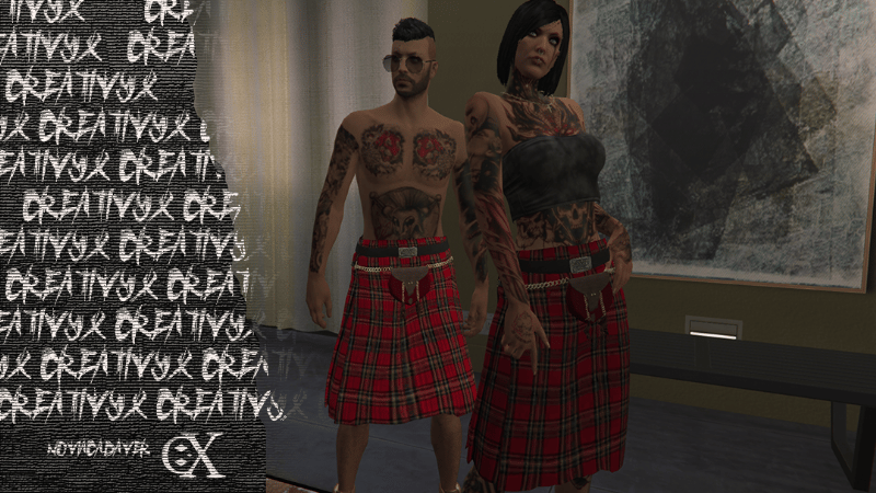 a man and woman in plaidered kilts