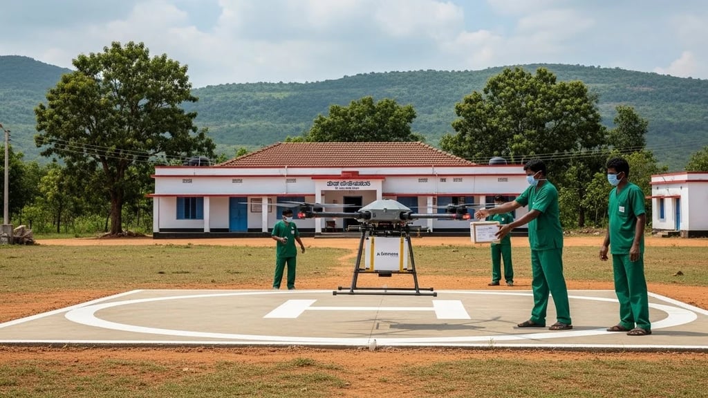 Medical drone delivering essential medicines to healthcare workers at a rural hospital in India.