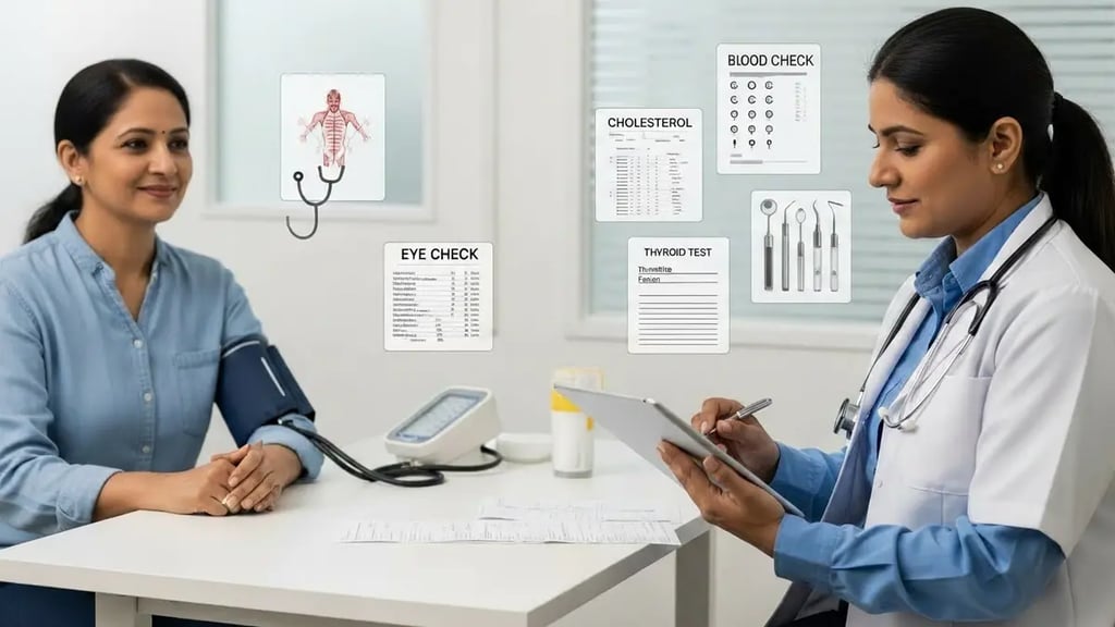 Preventive health checkups in India showing doctor reviewing blood pressure, sugar and test reports