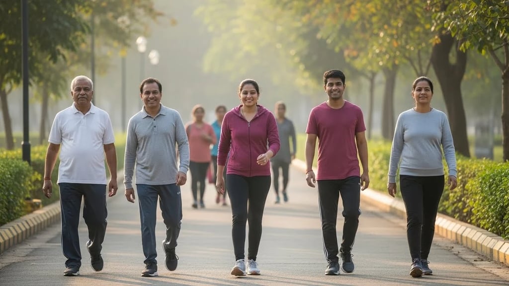 Urban Indian adults walking and exercising in a public park, promoting an active healthy lifestyle.