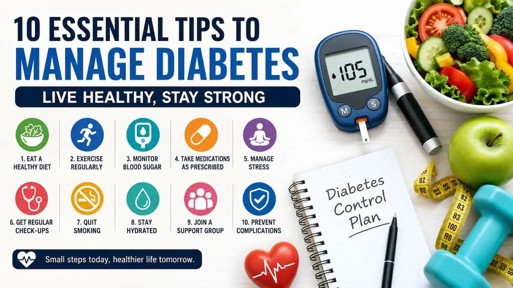 Infographic showing 10 essential tips to manage diabetes