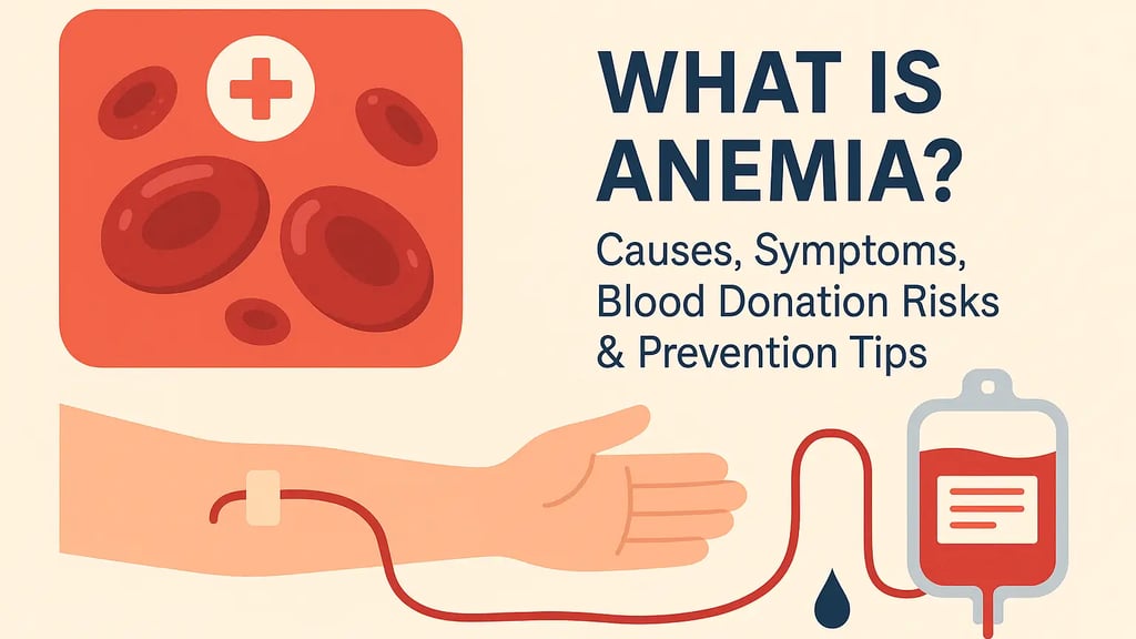 Blood donation and anemia awareness - illustration showing red blood cells and medical care