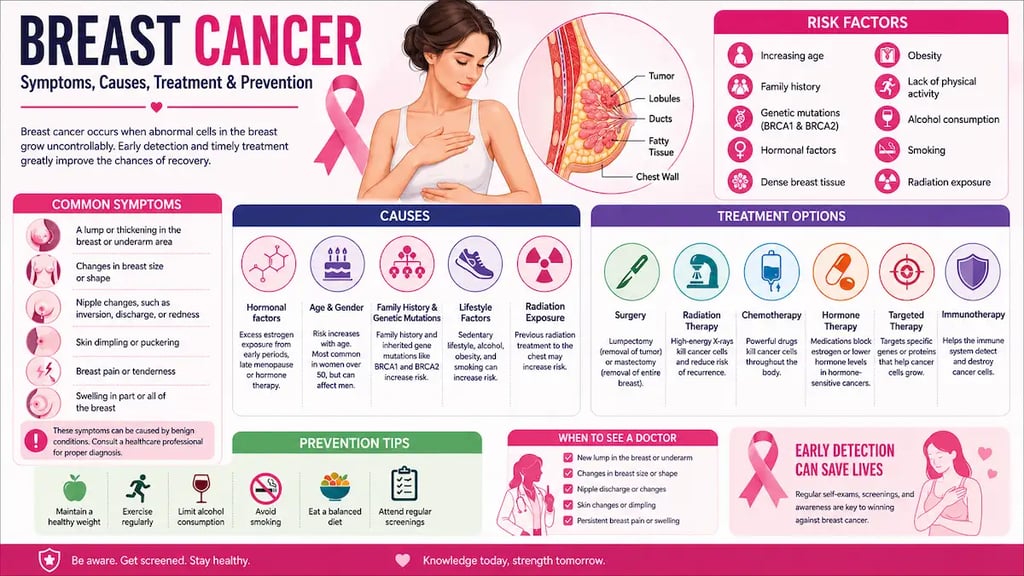 Medical illustration showing breast cancer symptoms