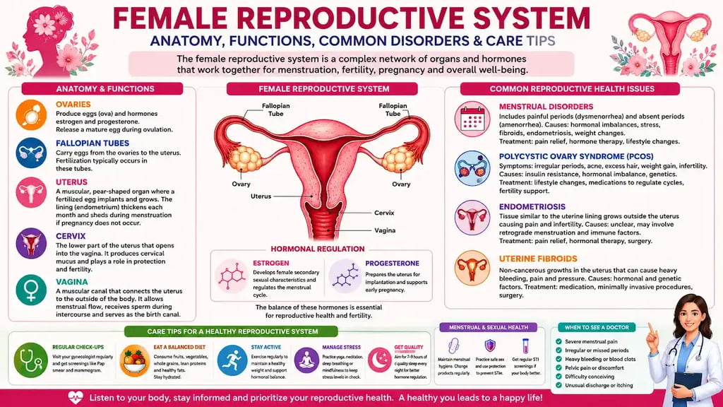 Illustration of the female reproductive system showing ovaries