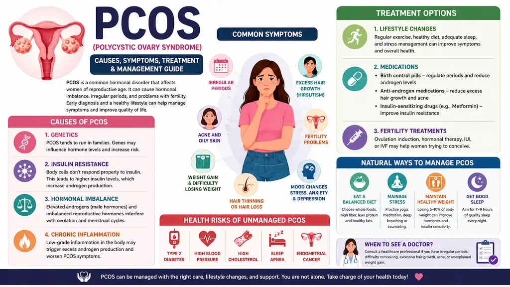 PCOS infographic explaining the causes, symptoms, treatment options