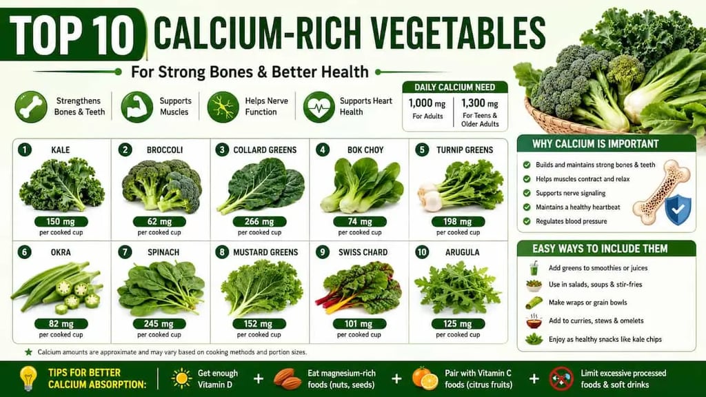 Infographic showing the top 10 calcium-rich vegetables
