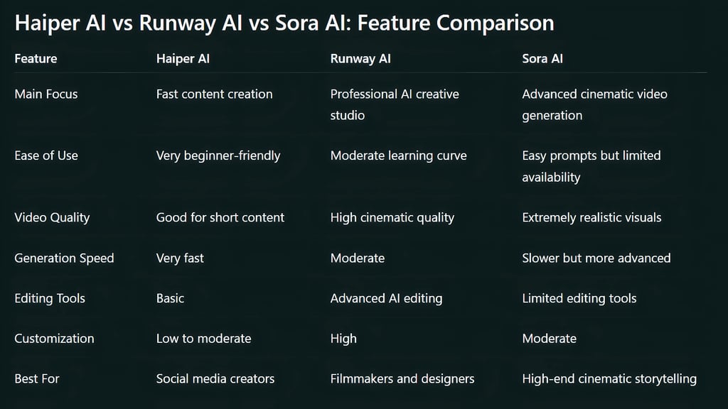 Haiper AI vs Runway AI vs Sora AI: Feature Comparison