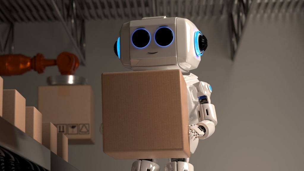 a robot that is holding a box and working at a factory