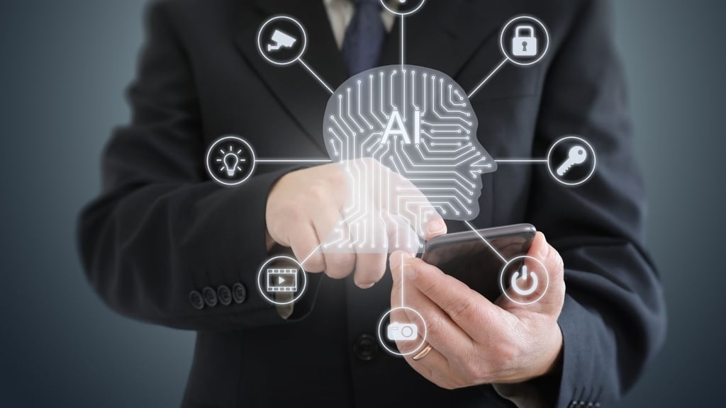 a man in a suit and tie is holding a cell phone with AI technology