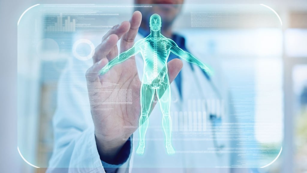 a man in a lab coat holding a green and white human body in an AI frame