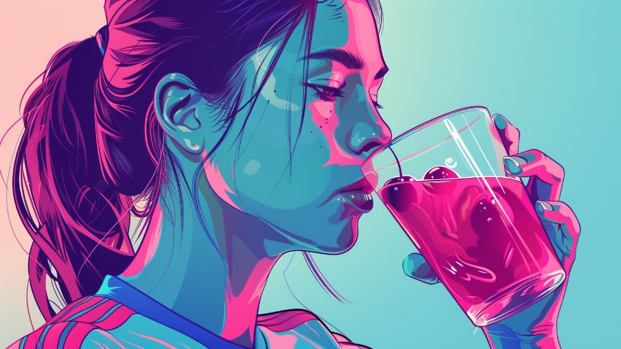 a woman drinking a glass of cherry juice