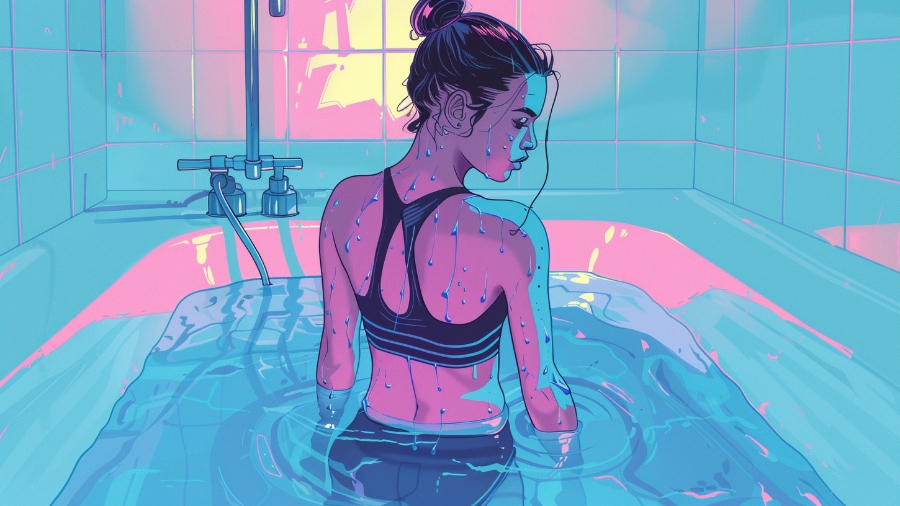 a woman in a bathing suit is sitting in a cold bathtub