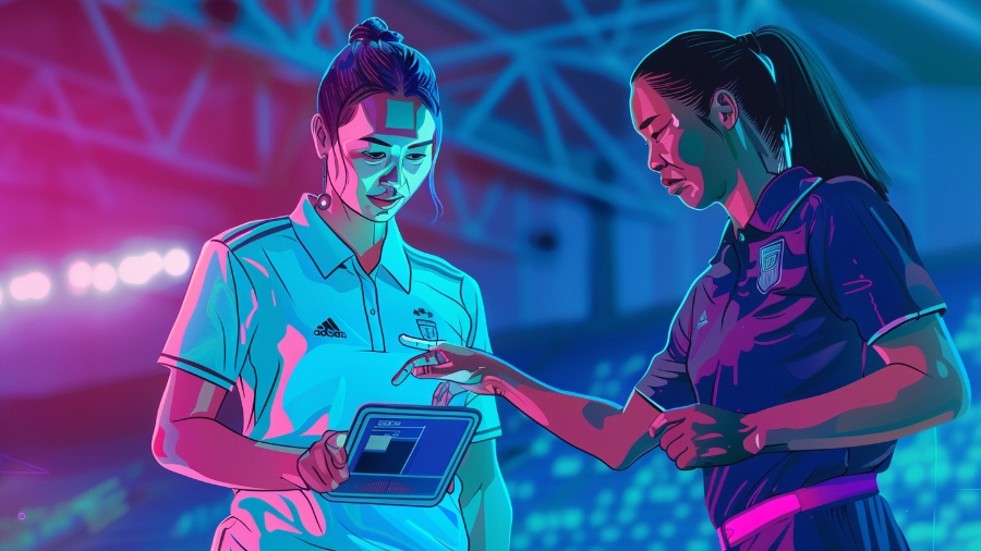 A female player and coach looking at GPS data on a tablet in a stadium