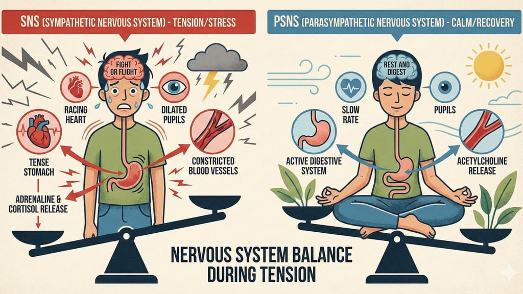 Diagram comparing sympathetic and parasympathetic nervous system responses for stress balance.