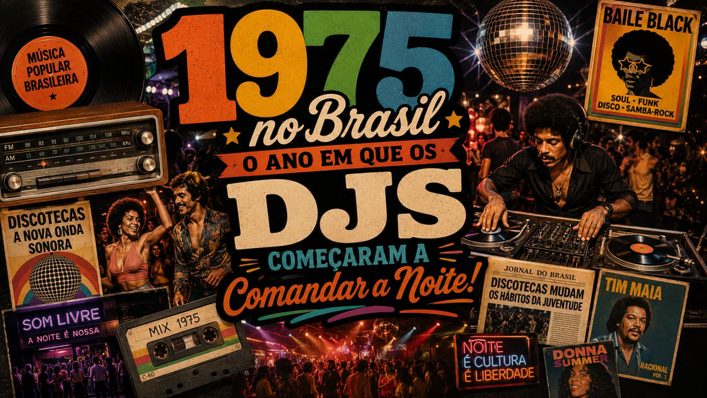 Vintage 1970s Brazilian disco collage featuring vinyl records, a DJ at turntables, and a retro nightclub scene.