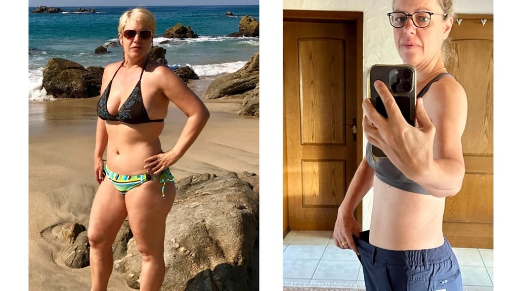 Vorher-Nachher-Foto einer Frau: links am Strand mit starkem Übergewicht, rechts nach erfolgreicher G