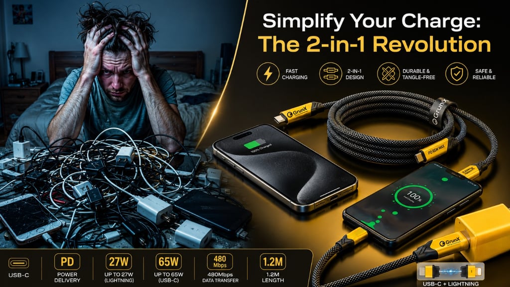 GrunX Daily 2-in-1 fast charging cable with USB-C and Lightning connectors, showing a clutter-free c