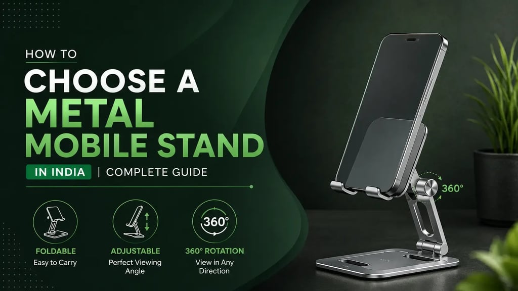 Premium metal mobile stand in India with foldable design, adjustable viewing angles and 360-degree rotation for smartphones.