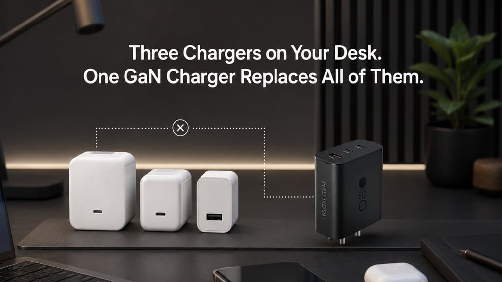 100W GaN fast charger replacing three traditional chargers on a premium desk setup, showcasing compa