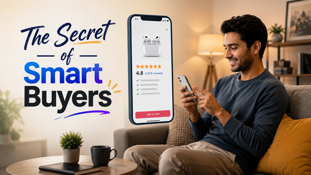 Smart buyer checking customer reviews and warranty before purchasing mobile accessories online, feat