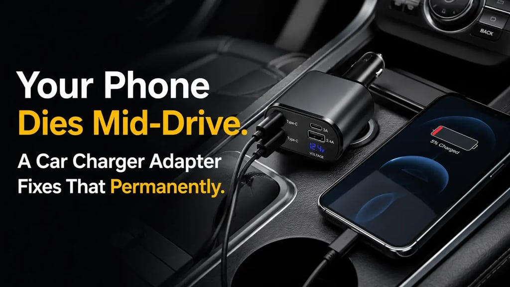 Car charger adapter charging a smartphone inside a car with dual USB Type-C ports for fast charging 