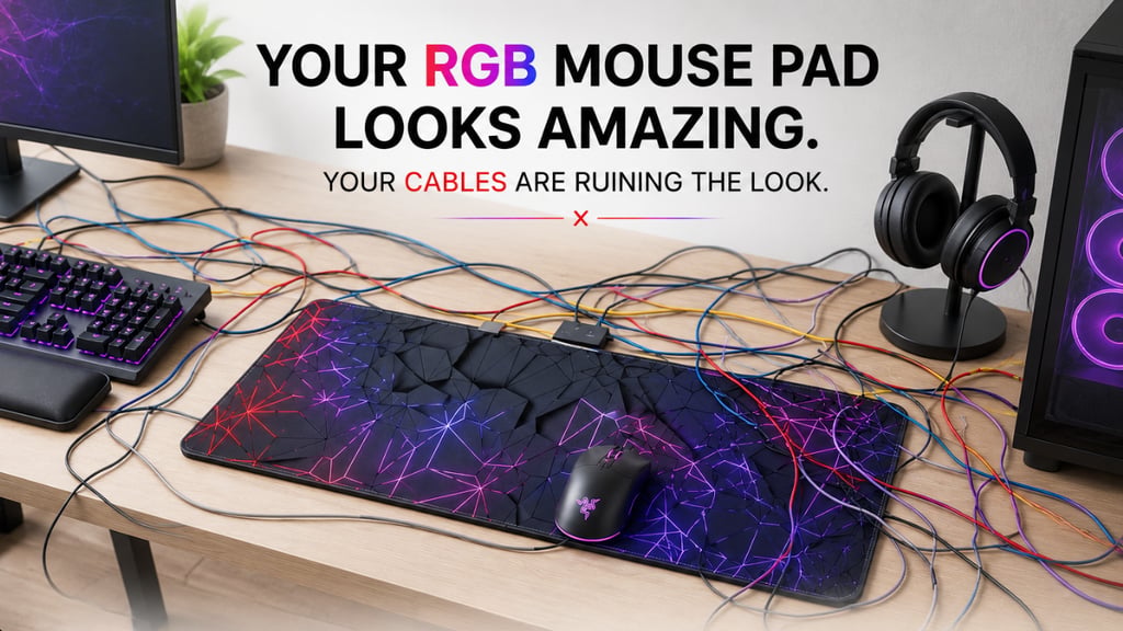 RGB gaming mouse pad surrounded by tangled cables on a desk setup, illustrating why cable management