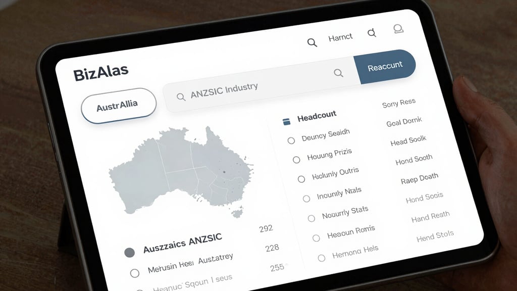 High-fidelity UI mockup of the BizAtlas search interface, showing filters for Australian states, ANZSIC industry codes, and headcount ranges, clean modern layout.