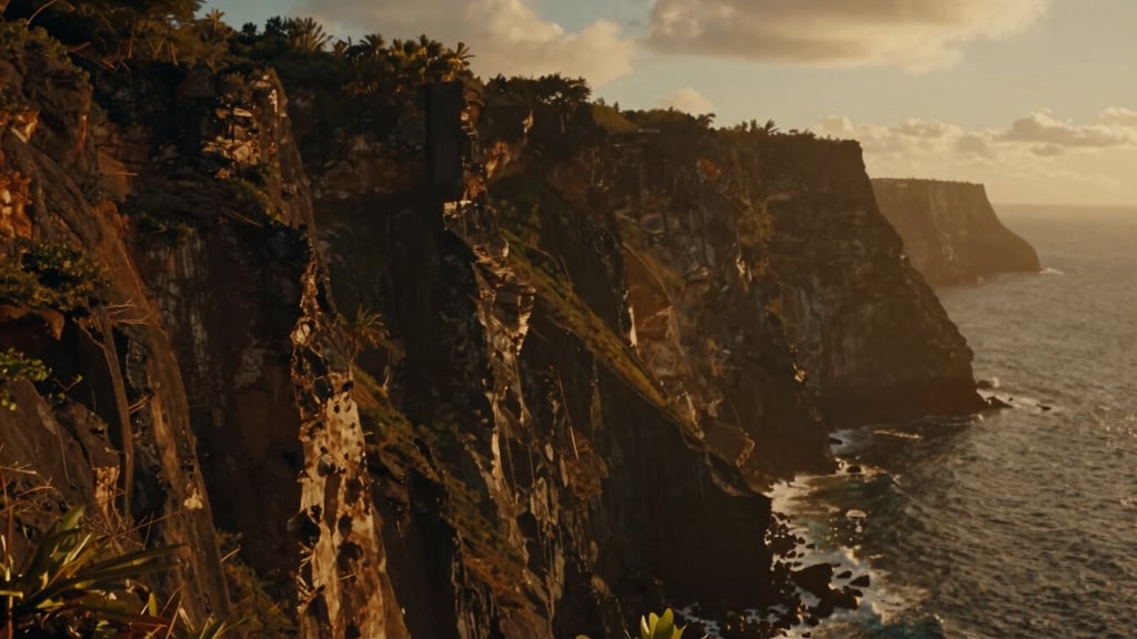 Cinematic anamorphic wide shot of a music video shoot on a dramatic Caribbean cliffside, high-contrast key lighting, rich warm amber tones, film grain