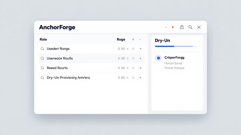 Crisp software interface mockup of AnchorForge showing a role template configuration panel, username generation rules, and a dry-run provisioning preview with clean vector UI elements on a light gray canvas