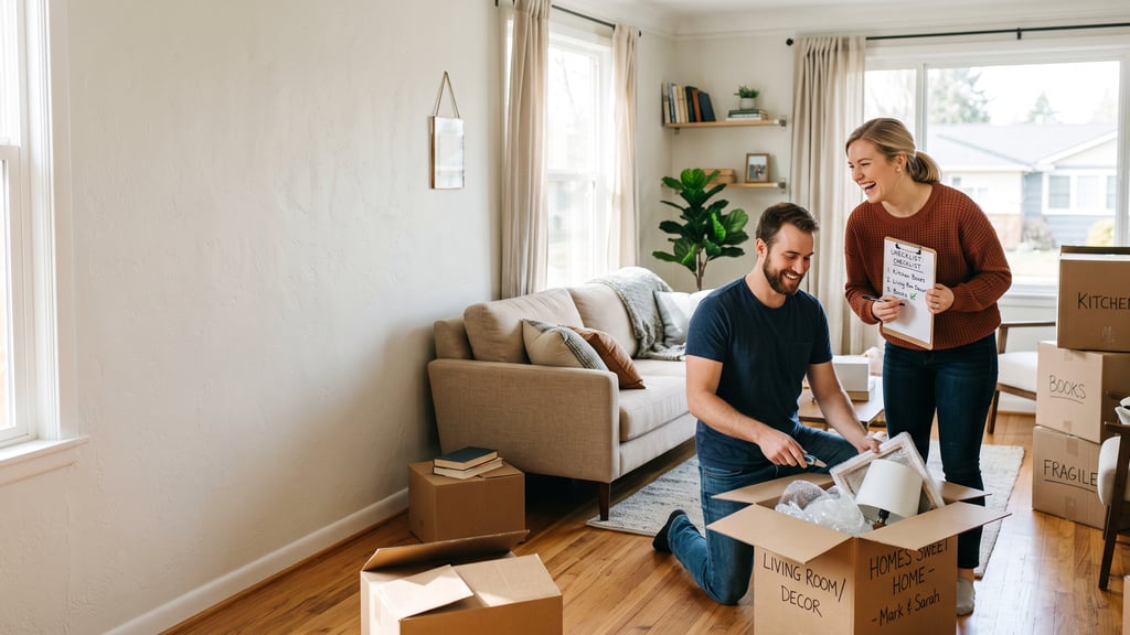 First-time homeowners unpacking boxes in a bright living room, one person holding a checklist 