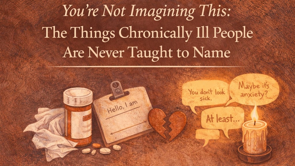 Crinkled paper, pills, pill bottle, name card "Hello, I am", broken heart, lit candle, quote bubbles