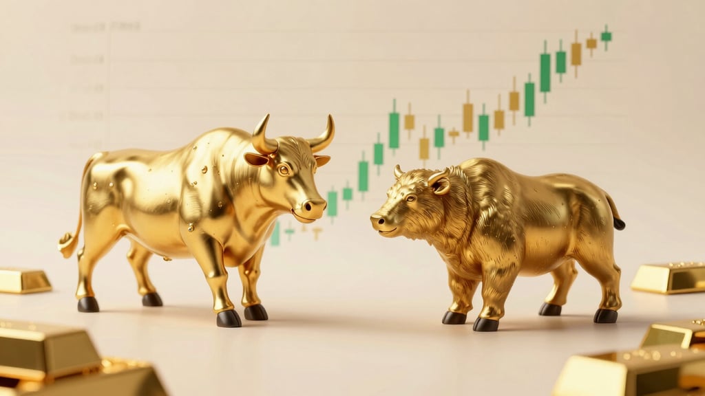 A premium financial editorial illustration featuring a stylized golden bull and bear in opposition, overlaid with clean green and gold candlestick charts, a subtle upward stock market growth graph, and soft reflections of gold bars on a warm cream background.