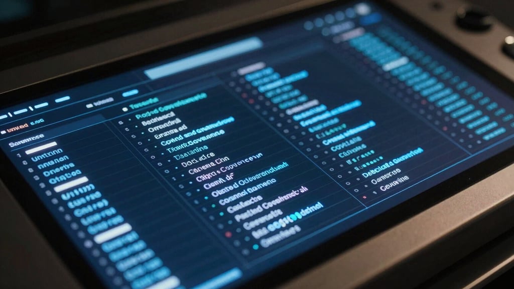 Macro close-up of a high-density project governance dashboard, glowing electric blue metrics, dark titanium interface elements, low-key lighting.