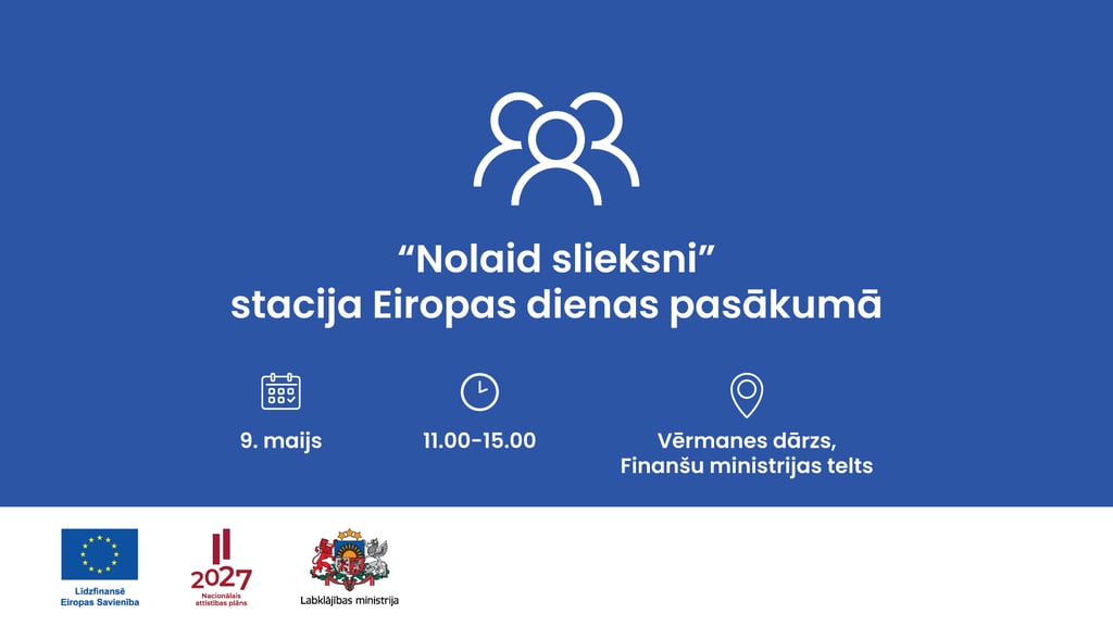 Pasākuma afiša. Aicinājums 9. maijā uz Eiropas dienas pasākumu.