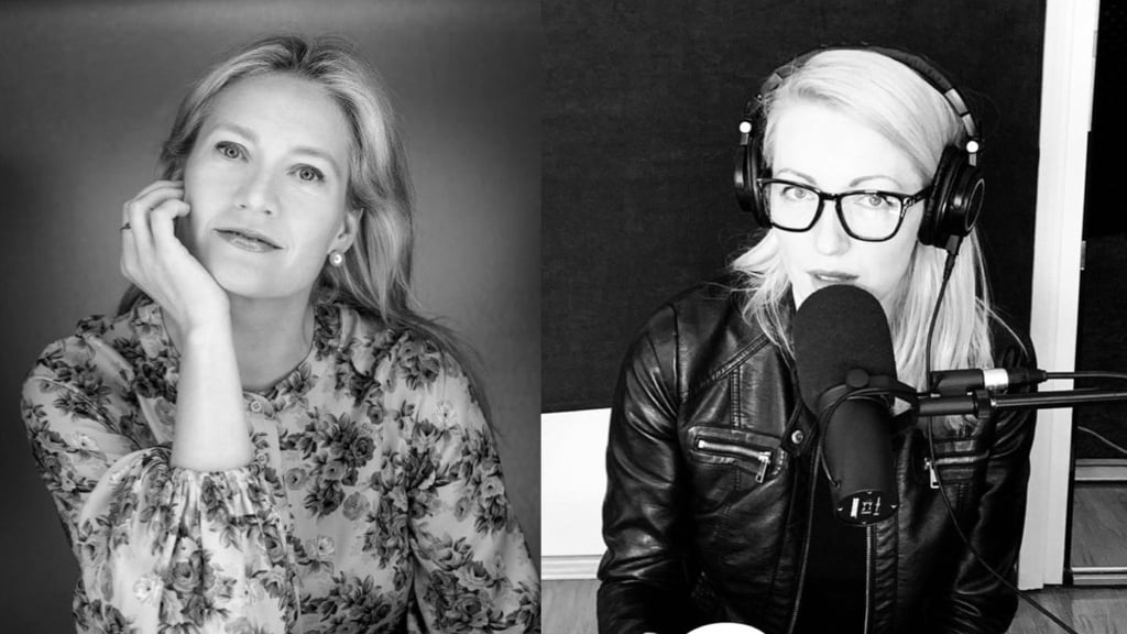 Raidieraksta baneris no kreisās Marija Ābeltiņa un Ilze Mednea un