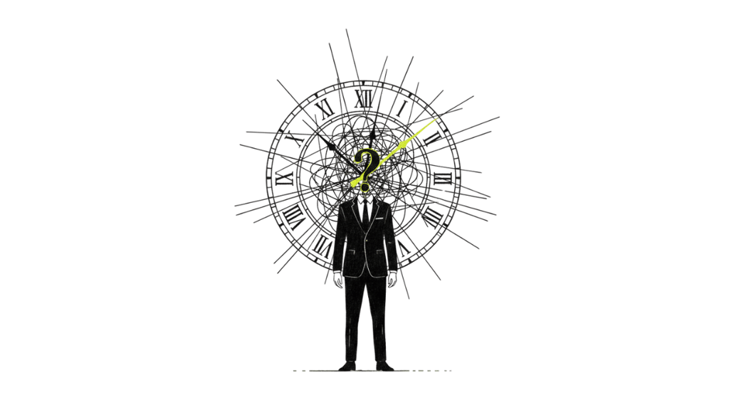 "Silhouette devant un enchevêtrement d'horloges – quand tout devient urgent faute de clarté