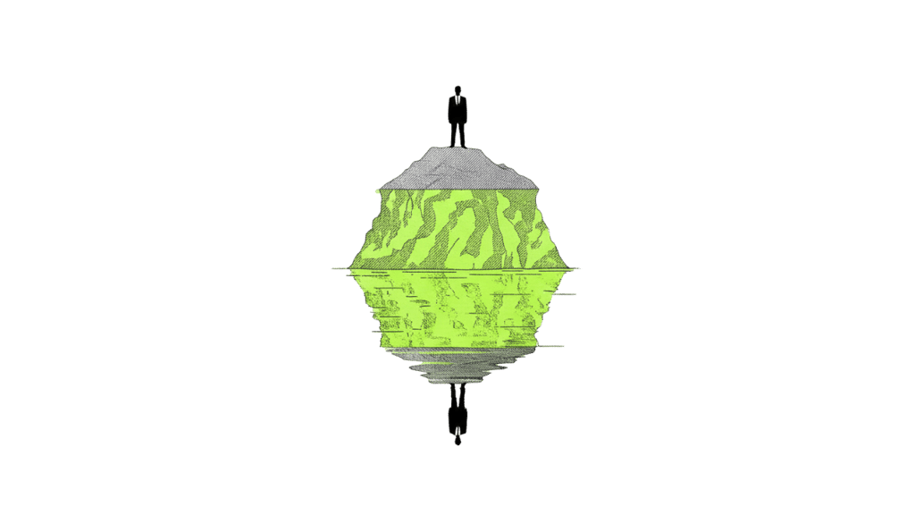 "Iceberg – petit sommet visible, fondations jaune-vert massives sous l'eau – force invisible"